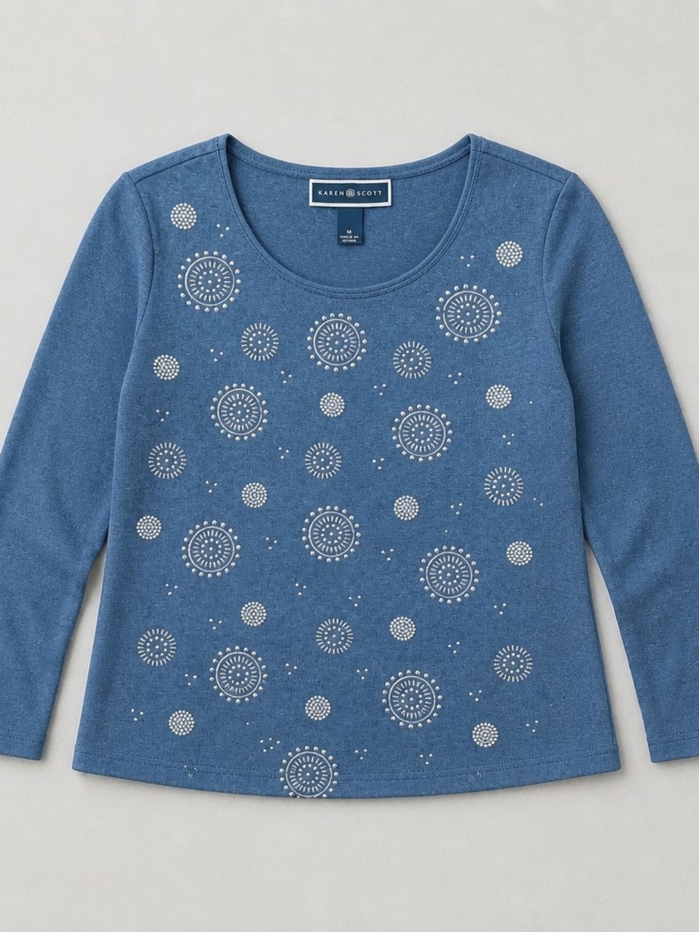 Karen Scott Blue Long-Sleeve Embellished Tee